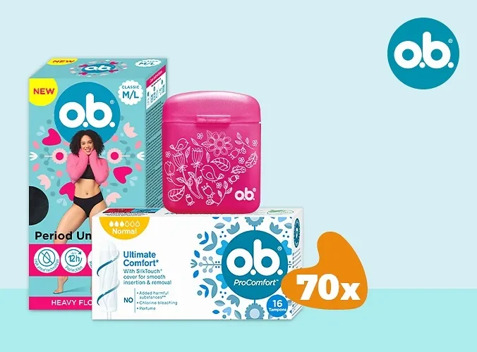 Vyhrajte s o.b.® 70x polročnú zásobu o.b.® tampónov s puzdrom a 1 ks menštruačných nohavičiek